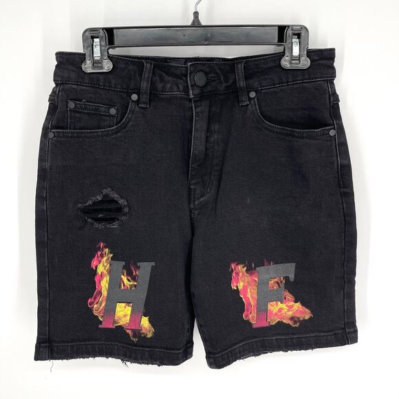 Homme + Femme NEW Distressed Flames Logo Jean Shorts Mens Sz 28 Black Stretch - Picture 1 of 11